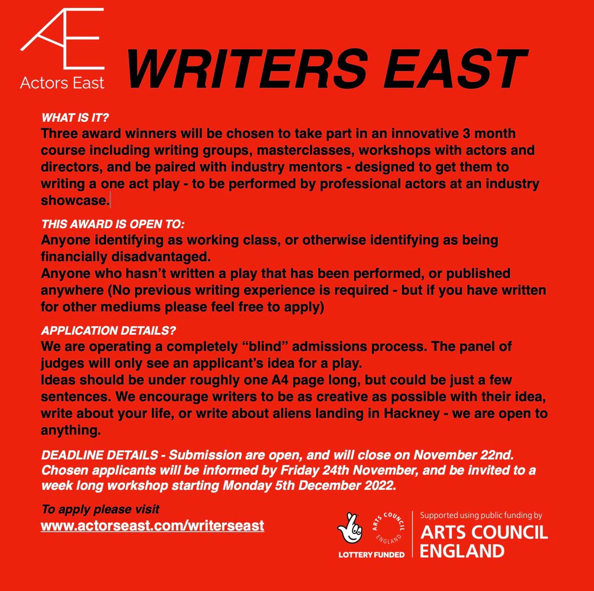 RETWEET! Last chance to apply. DEADLINE IS TOMORROW! First time working class playwrights, this one‘s for you! #actorseast #workingclass