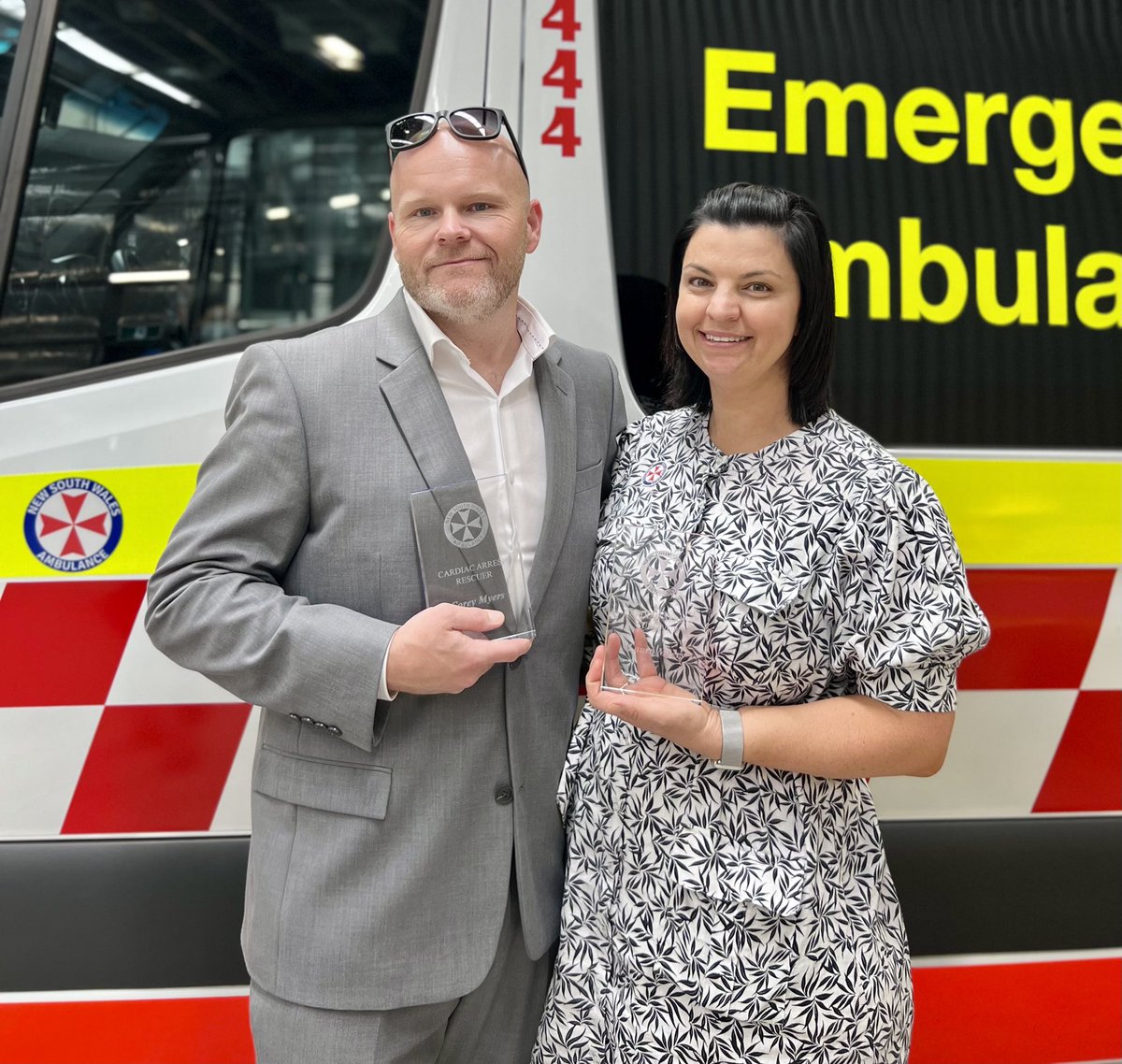 TRUE HEROES: Today, we honoured almost 90 brave people who helped save someone’s life while waiting for paramedics - like Corey Myers who gave his wife Laura CPR after she had a cardiac arrest at home last year. #NSWAmbulance