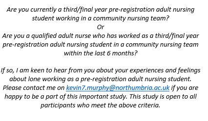 Still looking for participants for my study into lone working as a pre-registration nurse. Open to current third/final year adult nursing students and those colleagues who have qualified in the last 6 months! Thanks to all those who have engaged, look forward to sharing!