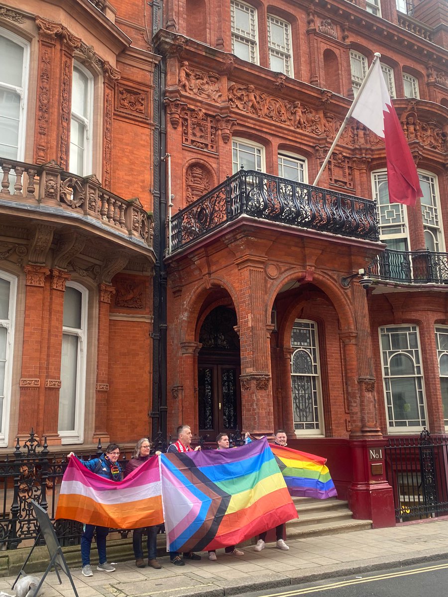 Thanks to everyone that turned up at the protest outside the Qatar Embassy on Saturday and to the mass of media that covered it  Now the tournament has started, we will keep up the noise. 
#nopridewithoutall 
#Loveislove
@gaygooners
@proudmaroons @MOI_QatarEn 
@FIFAcom