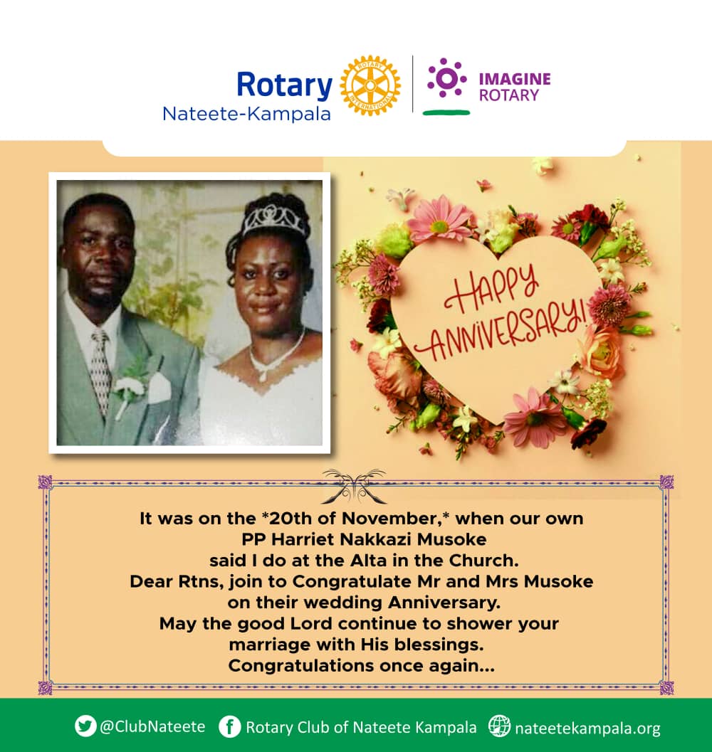 ClubNateete's tweet photo. Dear Rotarians join us to congratulate our own PAG Harriet Musoke on her wedding Anniversary. Congratulations Mr and Mrs Musoke & May the good Lord continue to shower your marriage with His blessings. Enjoy your day.
#20thNov https://t.co/CbOwVw2aek
