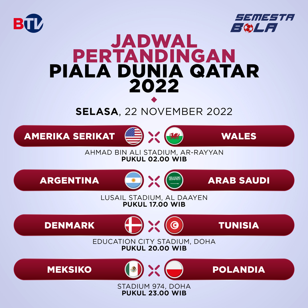 Beritasatu's tweet photo. 4 pertandingan akan digelar pada Selasa (22/11/2022). Siapakah pemenangnya?
Ikuti update seputar Piala Dunia 2022 di Semesta Bola!
#FIFAWorldCup #Qatar2022 #SemestaBola #FotoCaption #BeritaSatu #BUniverse #BersatuMenginspirasi https://t.co/GvnVmGe6Ud