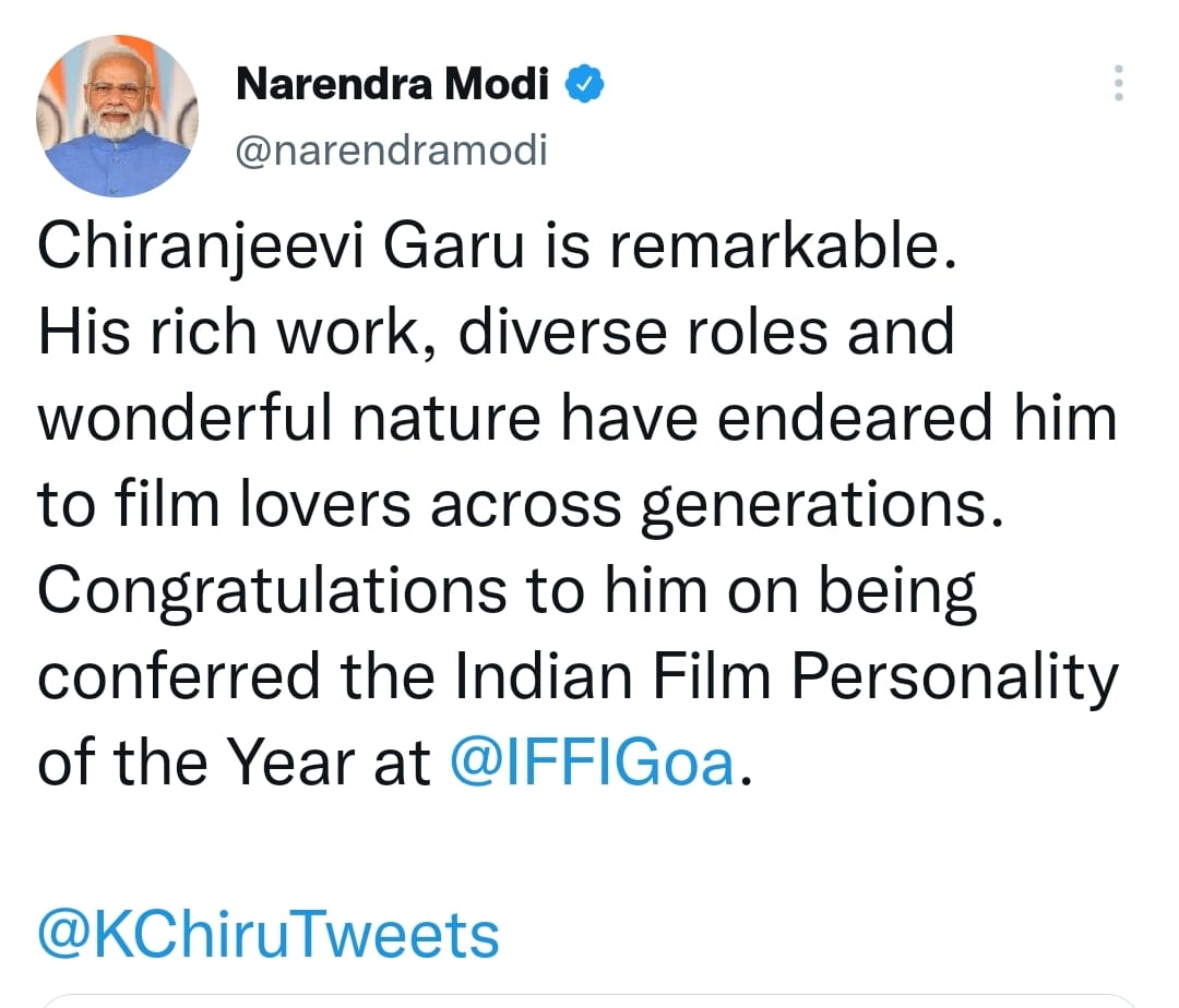 VBNewsTelugu's tweet photo. మెగాస్టార్‌ @KChiruTweets పై ప్రధానమంత్రి @narendramodi ప్రశంసల వర్షం కురిపించారు. ‘ఇండియన్‌ ఫిలిం పర్సనాలిటీ ఆఫ్‌ ది ఇయర్‌ - 2022’ పురస్కారం చిరంజీవిని వరించడంపై ప్రధాని మోదీ స్పందిస్తూ ట్వీట్‌ చేశారు.
#Pmmodi #Cheranjeevi #IFFIGoa #IFPAwardForMegaStar #In360 https://t.co/Ju9ewCOqi3
