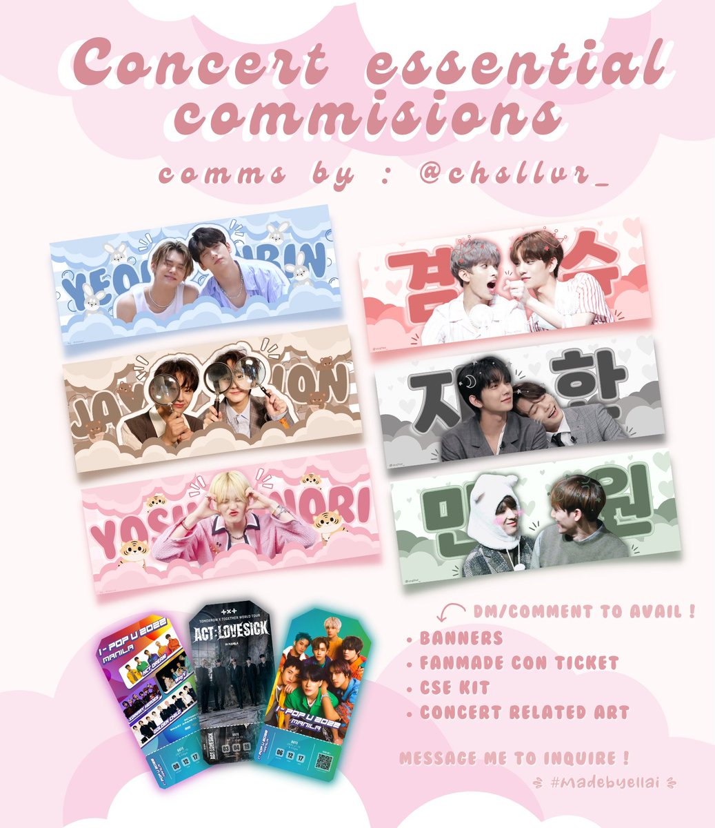 🌷 Concert Banner/Tix Comms 
 ꒰ #madebyellai ꒱

⤳ hello, im open for banner / fan made ticket design commision! dm me to avail!

🩰 prices = depends on the design
🪷 digital copy only 

🏷️: wts ph lf hand banners unofficial ticket kpop concert services commission cse design