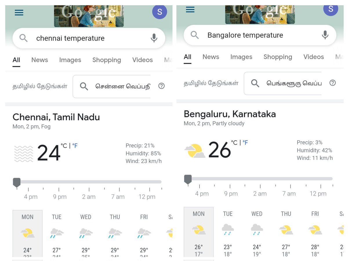 sundar217's tweet photo. Bangalore vs Chennai temperature at the same time #ChennaiSnow #ChennaiRains https://t.co/cTOox5Fi4W