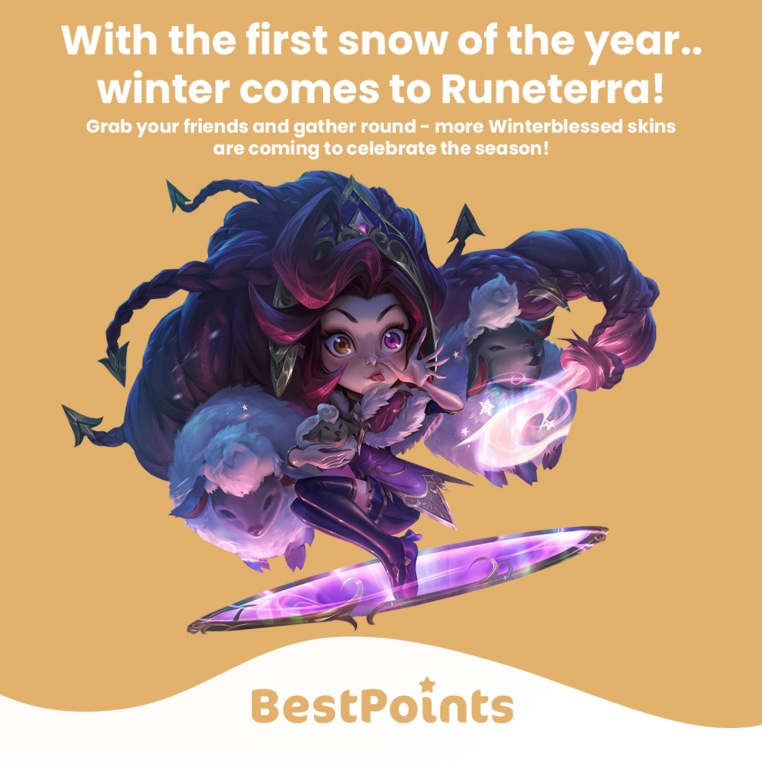 points_best's tweet photo. With the first snow of the year.. winter comes to Runeterra! ❄️ Grab your friends and gather round - more Winterblessed skins are coming to celebrate the season! ☃️💙

#bestpoints #leagueoflegends #lol #gaming #giftcards #lolmemes https://t.co/R9QRJAItaG