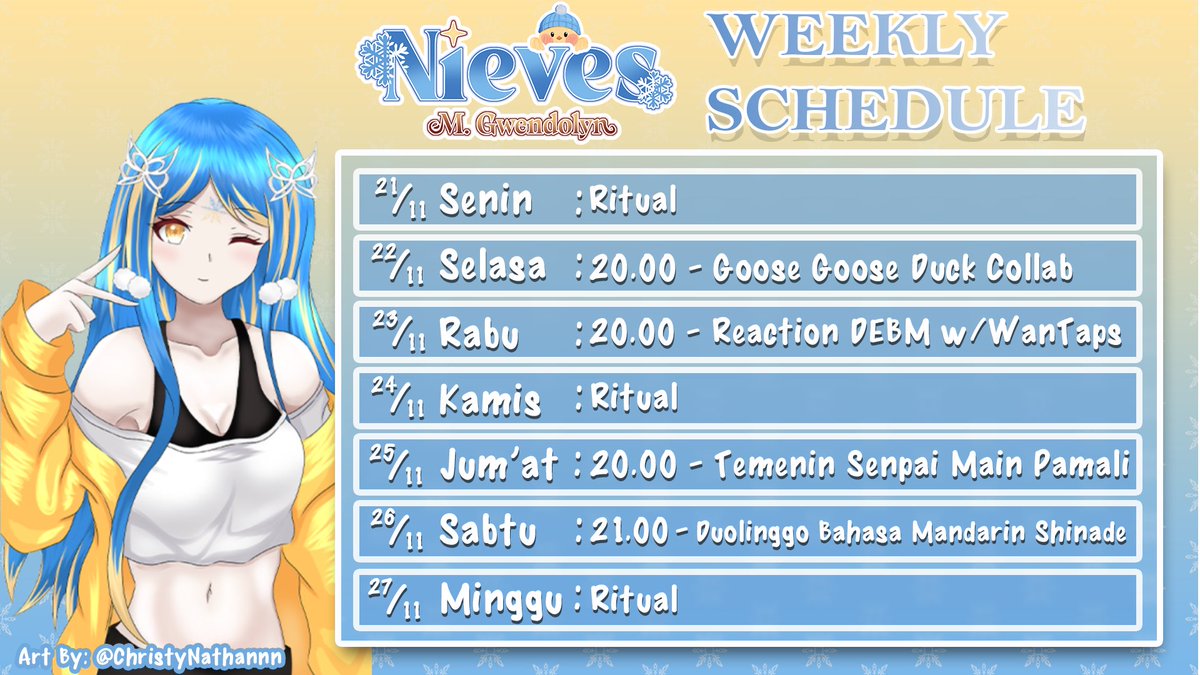 Wendymissja's tweet photo. [ SCHEDULE UPDATED ]
Berikut hastag menyeluruh untuk Wendy❄ :
• General : #WendyMissja
• Live Streaming : #WendyMisstream
• Art : #WendIllust
• Clip : #WendClip
• Meme/Shitpost : #WenXixi
• Horror/Mystery : #WenDevil / #MissTerry
• Story : #WenDemiurgic
• Nsfw : #WeNutz https://t.co/z7SsRZlmz6