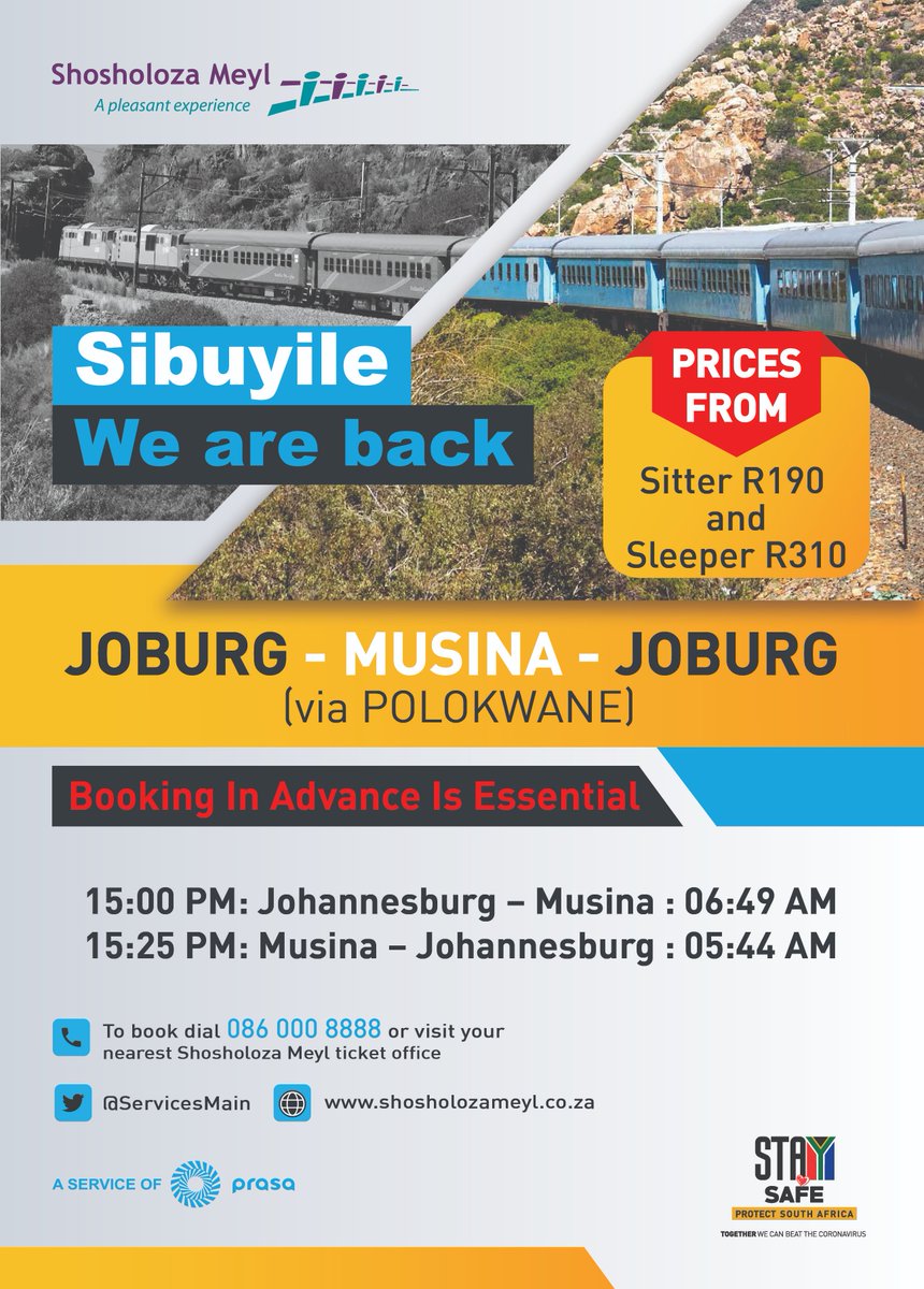 ShosholozaPRASA's tweet photo. On 25th November 2022, a train to Musina🚊will be departing from Johannesburg via Polokwane to Musina. 
@PRASA_Group @golimpopo @Dotransport @metrorailgp @CapricornFM https://t.co/IWE6FVfenJ