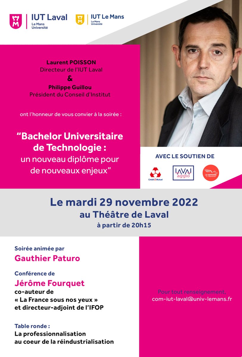 [Événement] 🇫🇷⚙ RDV mardi 29 novembre à partir de 20h15 au Théâtre de Laval pour une conférence exceptionnelle de Jérôme Fourquet ! #entreprise #industrie 

Infos et inscriptions : iut-laval.univ-lemans.fr/fr/actualites-…

<a href="/LeMansUniv/">Le Mans Université</a> <a href="/IUTLeMans/">IUT Le Mans</a> <a href="/Laval_la_Ville/">Laval la Ville</a> <a href="/lamayenne/">La Mayenne, le Département</a> <a href="/paysdelaloire/">Pays de la Loire</a> <a href="/lesIUT/">Les IUT</a>