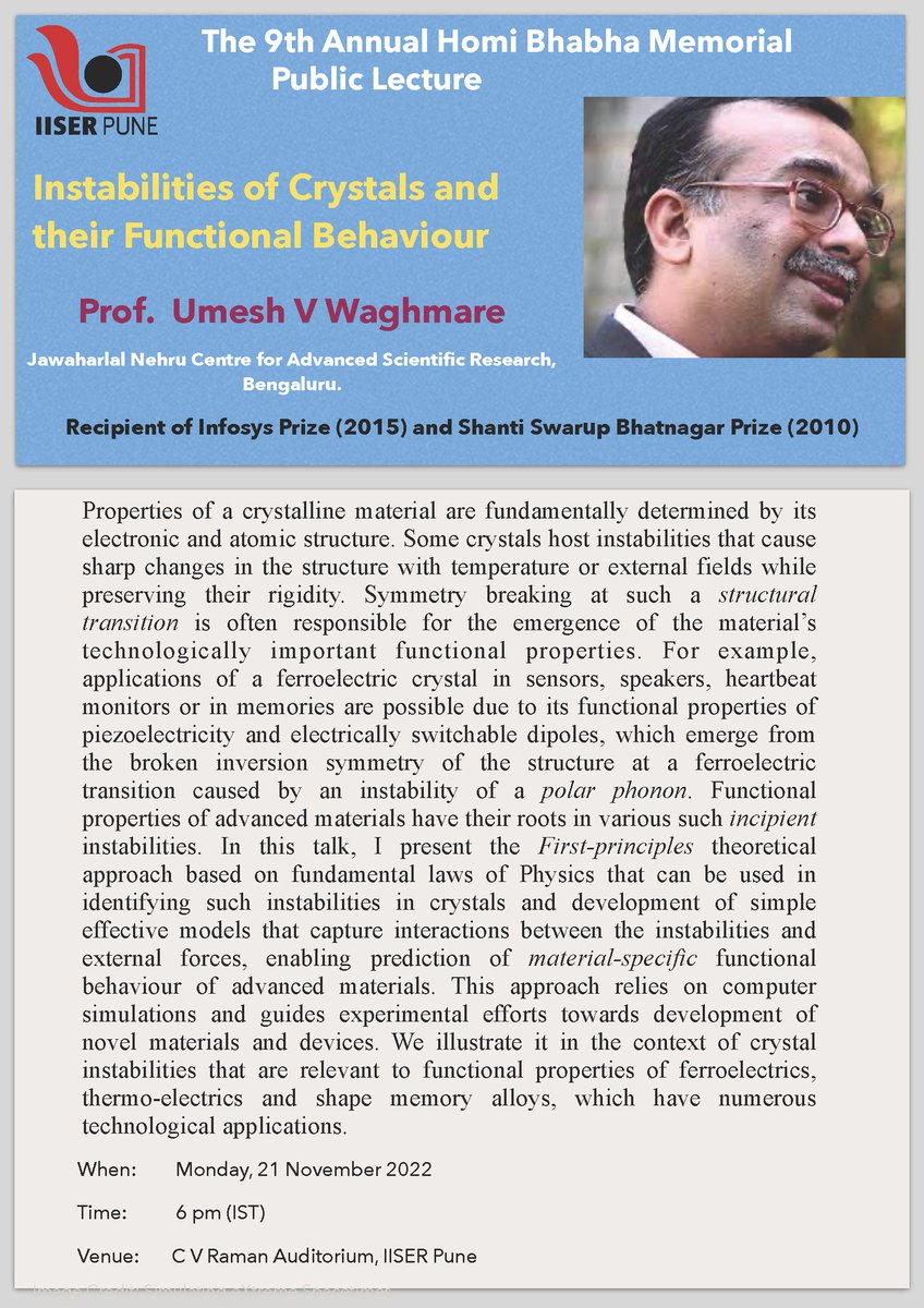 IISER Pune Physics (@iiserpphysics) on Twitter photo Reminder: Today, at 6PM, Prof. Umesh Waghmare <a href="/waghmare16/">Umesh V Waghmare</a> is going to deliver the 9th Annual Homi Bhabha Memorial Lecture organized by our department at <a href="/IISERPune/">IISER Pune</a> in the CV Raman auditorium at the lecture hall complex. All are cordially invited! Reminder: Today, at 6PM, Prof. Umesh Waghmare <a href="/waghmare16/">Umesh V Waghmare</a> is going to deliver the 9th Annual Homi Bhabha Memorial Lecture organized by our department at <a href="/IISERPune/">IISER Pune</a> in the CV Raman auditorium at the lecture hall complex. All are cordially invited!