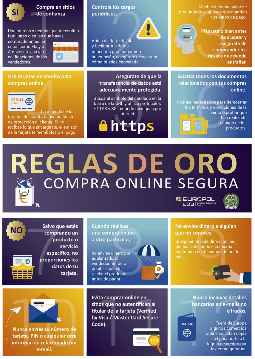 policia's tweet photo. Bienvenido diciembre, mes de muchas #compras 🛍 también en el medio #online 💻 

Recordemos estas reglas de oro de la campaña #BuySafePaySafe #SellSafe #EMPACT a la que desde @policia nos sumamos junto a @Europol para poder comprar de la forma más #segura posible ✔🙌 https://t.co/qrT6yjnrkm