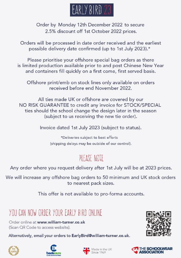 3-week reminder!

Make the most of the discount and forward dated invoicing, don't forget to get your Early Bird orders submitted to us by 12th December:

william-turner.co.uk/en-gb/earlybir…