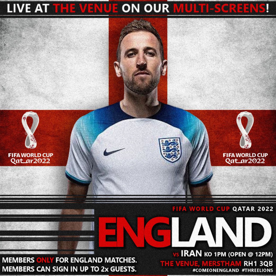 COME ON ENGLAND!! 🦁🦁🦁

Watch the #ThreeLions take on Iran in the #FIFAWorldCup this afternoon on our multi-screens. We open at midday.

Golden Goal will be available (cash only).

Members ONLY for England matches. Members can sign in up to 2x guests.

See you soon! 🏴󠁧󠁢󠁥󠁮󠁧󠁿