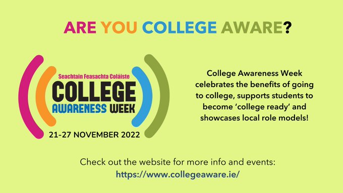 Join us in celebrating #CollegeAwarenessWeek highlighting the many pathways to your dream career through #FET & HE!
🟡Visit collegeaware.ie for #CAW2022 events near you.
🟡Sign up to #CollegeConnections webinar taking place Tues 22 Nov: eventbrite.com/e/caw-collegec…
 #ThisisFET