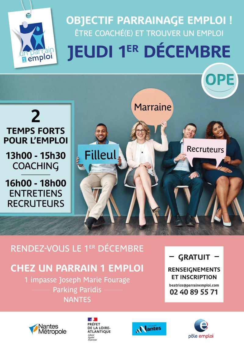 UN PARRAIN UN EMPLOI 44 (@parrainemploi) on Twitter photo #EMPLOI #iciçarecrute #RESEAU #JobDating
Jeudi 1er décembre des professionnelles/ls et des recruteurs sont là pour vous coacher et vous proposer des opportunités. Inscrivez-vous au 02 40 89 55 71 ou à beatrice@parrainemploi.com #EMPLOI #iciçarecrute #RESEAU #JobDating
Jeudi 1er décembre des professionnelles/ls et des recruteurs sont là pour vous coacher et vous proposer des opportunités. Inscrivez-vous au 02 40 89 55 71 ou à beatrice@parrainemploi.com