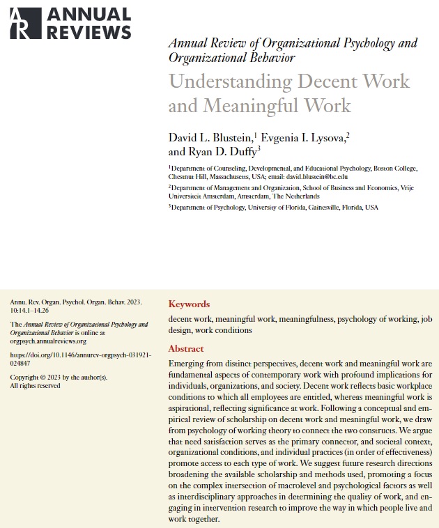 Exciting to see our paper on #decentwork and #meaningfulwork with @BlusteinDavid and <a href="/DrRyanDuffy/">Ryan Duffy</a> in press at <a href="/AnnualReviews/">Annual Reviews</a>: 
…-annualreviews-org.vu-nl.idm.oclc.org/doi/abs/10.114…