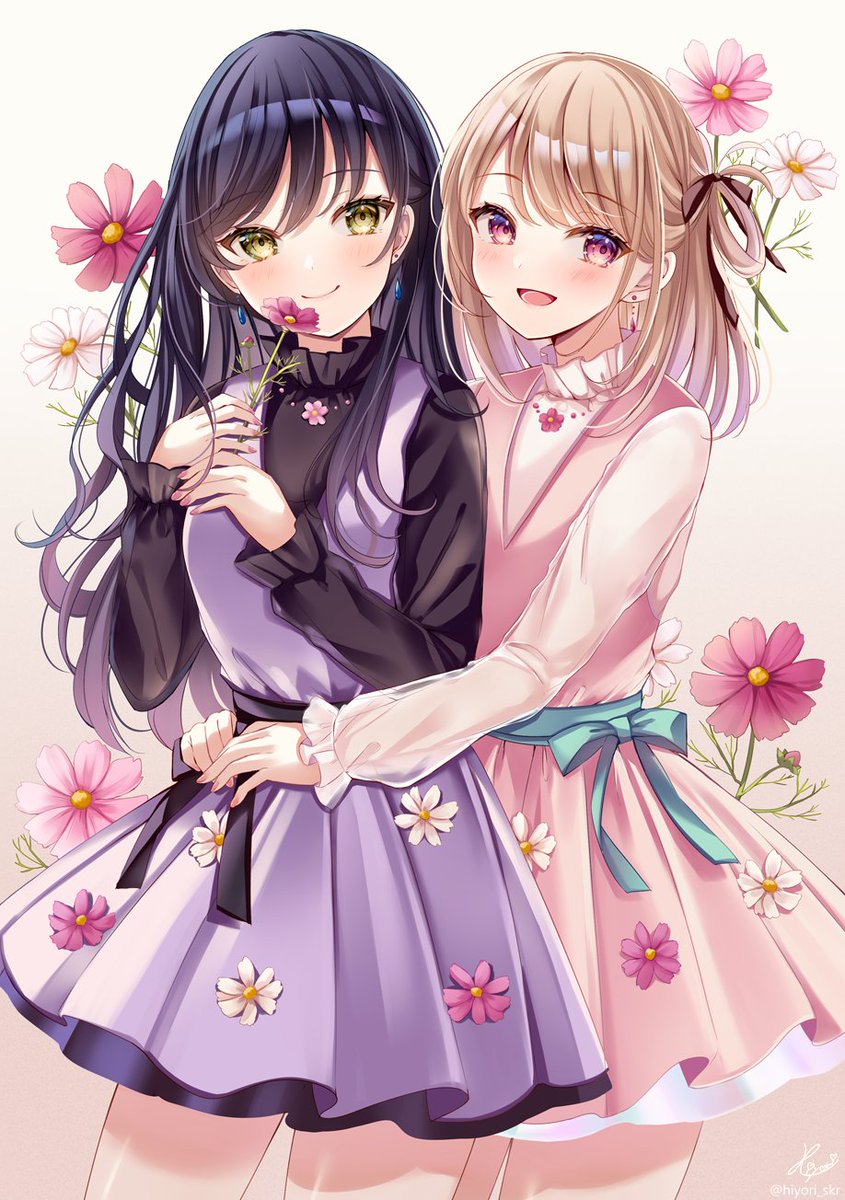 multiple girls 2girls flower smile dress black hair holding  illustration images