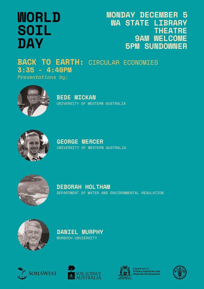 Thrilled to share our program of speakers and themes for our sold-out World Soil Day event with <a href="/SoilScienceAust/">Soil Science Australia</a> with support from @DPIRDWA - we can't way to see you all at the State Library on December 5! #WorldSoilDay