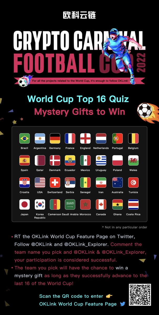 Qatar World Cup 2022 kicked off today⚽️, did you stay up late to catch the game? 

👉 "Watch" World Cup in Web3 with #OKLink 2gether: oklink.com/en/football

🎉Win the gifts:  
Follow <a href="/OKLink/">OKLink</a> <a href="/OKLink_Explorer/">4us71n0</a> 
RT
Comment the team u pick &amp; <a href="/OKLink/">OKLink</a> <a href="/OKLink_Explorer/">4us71n0</a> 

#Airdrop