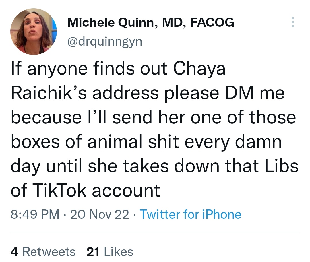 3sidedstory 🇺🇲 (@3sidedstory) on Twitter photo Leftists are hoping to doxx <a href="/libsoftiktok/">Libs of TikTok</a> so they can send boxes of animal shit to her home and who knows what else. Leftists are hoping to doxx <a href="/libsoftiktok/">Libs of TikTok</a> so they can send boxes of animal shit to her home and who knows what else.