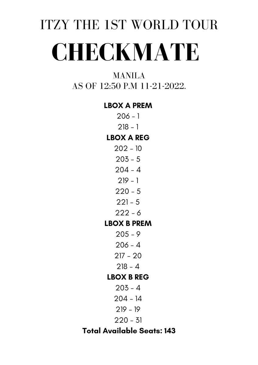 midzy_toni's tweet photo. Hi filo midzys! To those who does not have their tickets yet. Here are the number of seats per section.
#ITZY_CHECKMATE_MANILA
#ITZYinMANILA
#CheckmateinManila https://t.co/NNwBb0G7BE