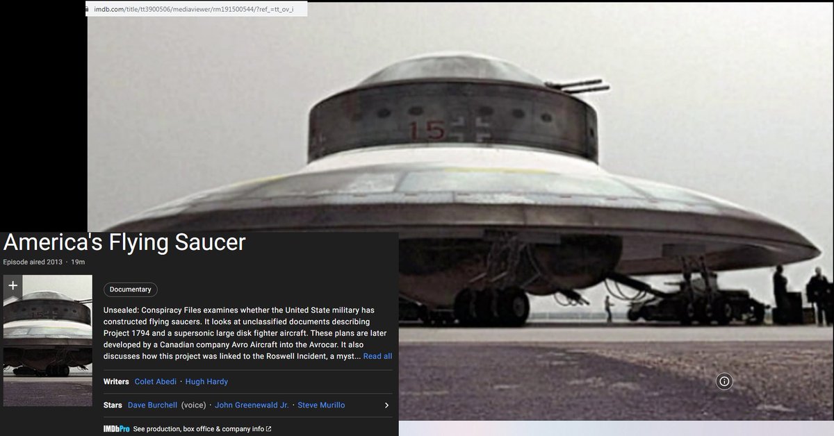 <a href="/BeroutiRa/">Ra. Berouti</a> Unsealed: Conspiracy Files examines whether the United State military has constructed flying saucers. It looks at unclassified documents describing Project 1794 and a supersonic large disk fighter aircraft. imdb.com/title/tt390050…