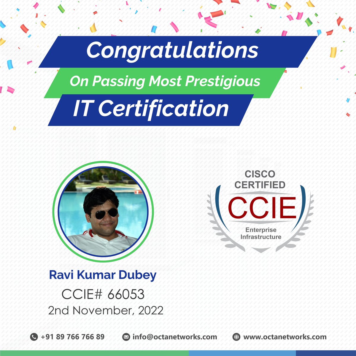 OctaNetworks's tweet photo. Adding to the golden stars of success.
Octa Networks congratulates Mr. Ravi Kumar Dubey on his achievements!
#octanetworks #ccie #ccieenterprise #cisco #networkengineers #networking #enterprise #ccna https://t.co/CqNVBOqwQI