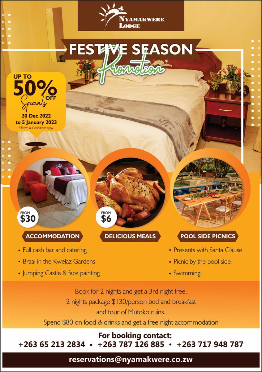 LodgeMutoko's tweet photo. Holiday Specials at Nyamakwere lodge from 20 December to 5 January. 

Up to 50% off accommodation and breakfast specials. 

#ZimBho 
#VisitMutoko https://t.co/LealJhJDuN