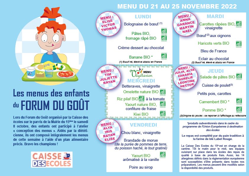 cde15_75015's tweet photo. Les menus du 21 au 25 novembre 2022 (menus et allergènes téléchargeables sur https://t.co/oPDZxtzSOi) #cde15 #paris15 #cantine #restaurationscolaire https://t.co/1btMzWvs88