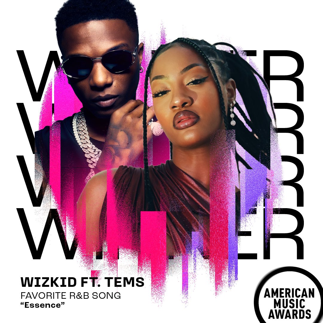 Congrats to <a href="/wizkidayo/">Wizkid</a> and <a href="/temsbaby/">TEMS</a>! "Essence" won an #AMAs for Favorite R&amp;B Song!
