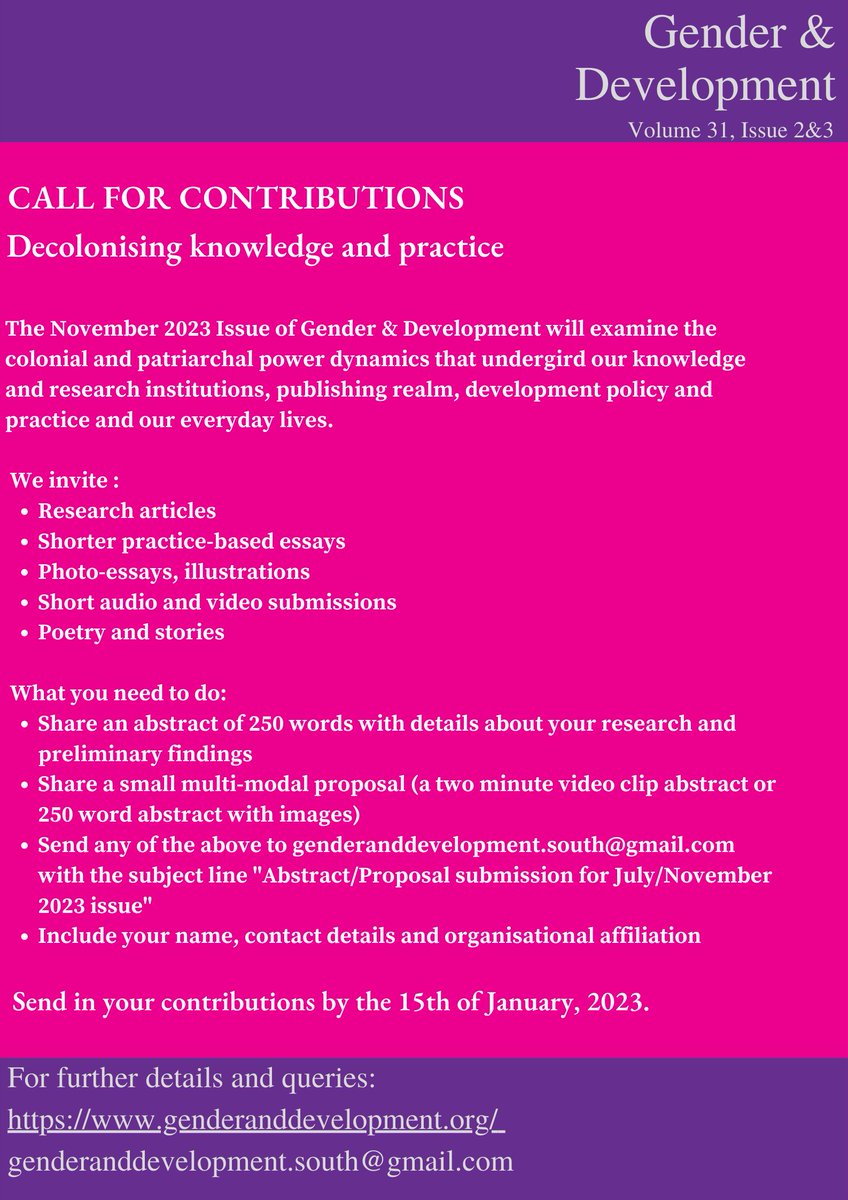 Call for Contributions now open! Submit proposals by 15th Jan 2023. Details at genderanddevelopment.org/uncategorized/…