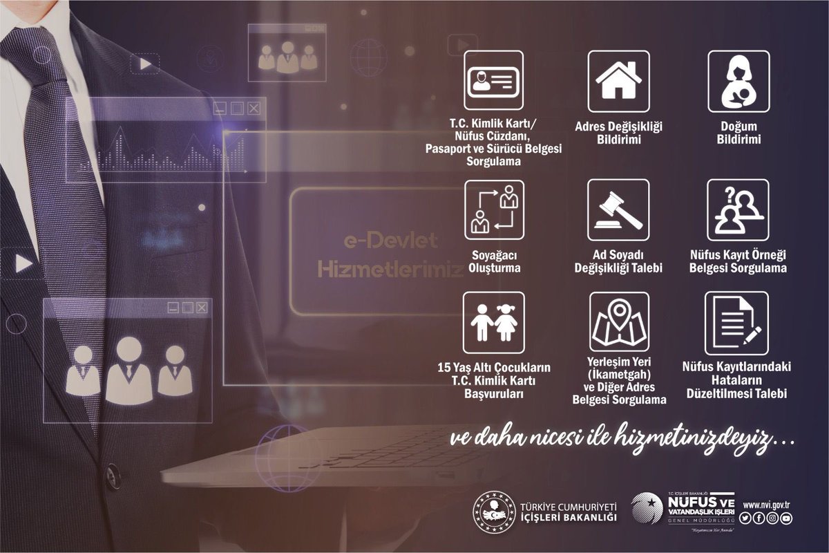 e-devlet üzerinden sunduğumuz 44 hizmetle nüfus müdürlüklerimize gelmeden bir çok işleminizi gerçekleştirebilirsiniz. Yeni haftaya Bismillah.. <a href="/TCNufus/">Nüfus ve Vatandaşlık İşleri Genel Müdürlüğü</a> #HayatınızınHerAnında