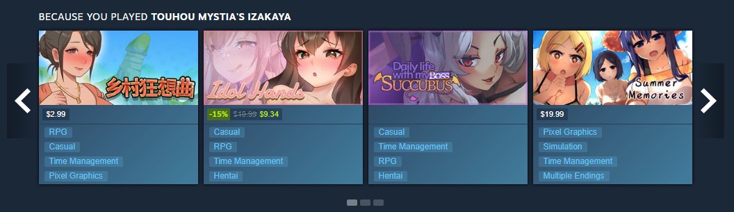 Dreaming0083's tweet photo. Sometime Steam suggestion is really confusing . . . 

and NO "Touhou Mystia's Izakaya" is not a hentai game. https://t.co/ST9XpKRcoh