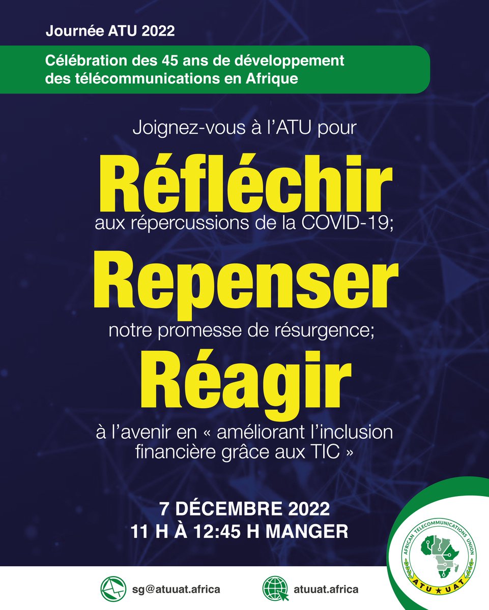atu_uat's tweet photo. Last year during the #ATUDay we noted the cross-industry impacts of #COVID19. This year on 7th Dec, join us in our quest to inject new ideas for full recovery supported by ‘Financial Inclusion through ICT’. To register, click https://t.co/TzTXX1QX9k
@CA_Kenya @tz_CNA @MoICT_Ug https://t.co/LFOpjg9o1x