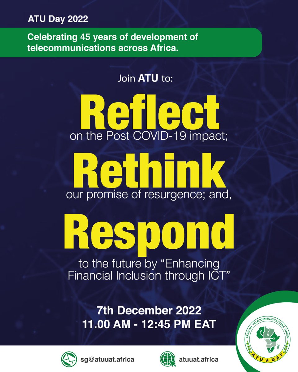 atu_uat's tweet photo. Last year during the #ATUDay we noted the cross-industry impacts of #COVID19. This year on 7th Dec, join us in our quest to inject new ideas for full recovery supported by ‘Financial Inclusion through ICT’. To register, click https://t.co/TzTXX1QX9k
@CA_Kenya @tz_CNA @MoICT_Ug https://t.co/LFOpjg9o1x
