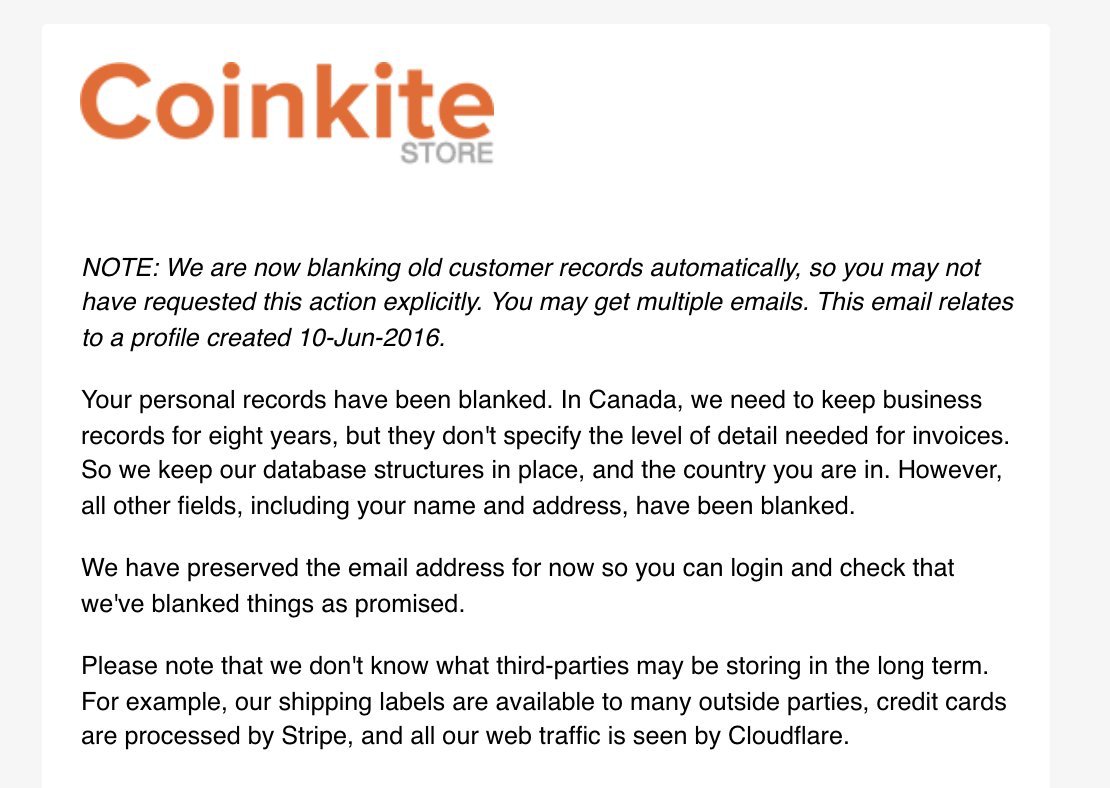 Every 120 days,  <a href="/Coinkite/">Coinkite</a> blanks personal records from ALL orders made on store.coinkite.com #DefenseInDepth