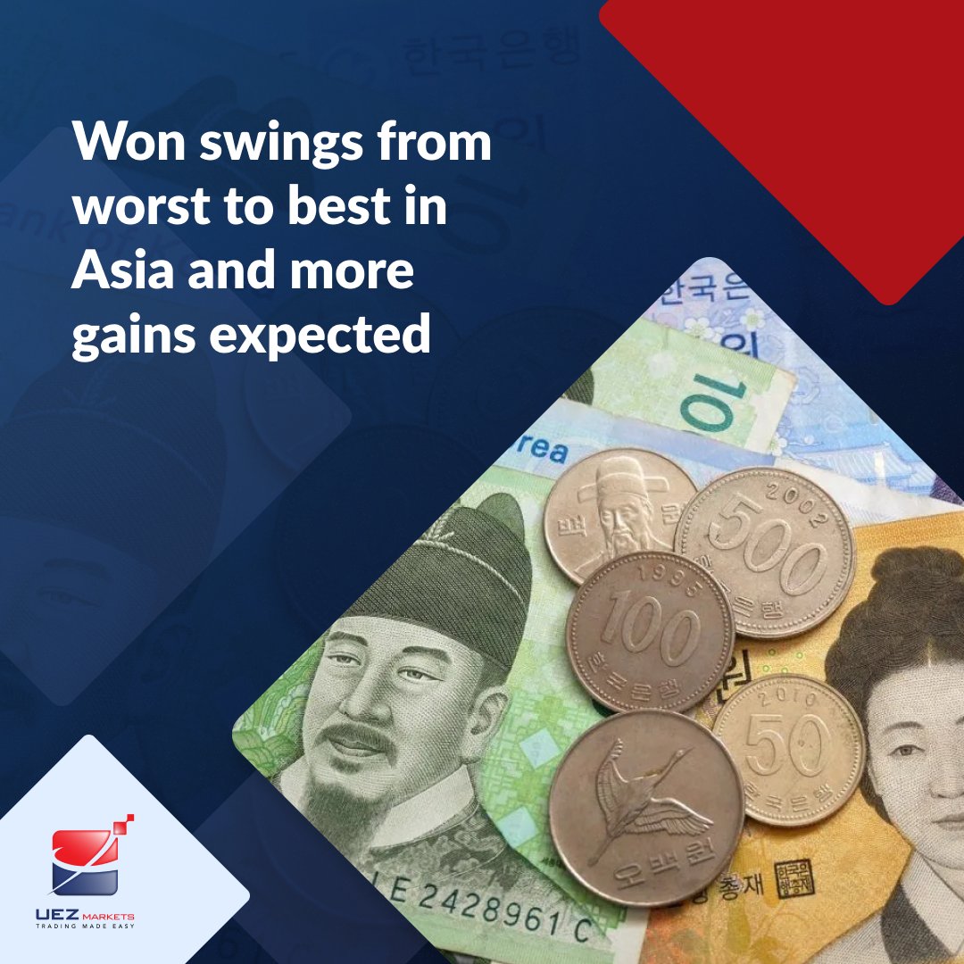 uezmarkets's tweet photo. The currency is seen rising above 1,300 per dollar by analysts. Societe Generale sees won benefiting from smaller BOK hike

https://t.co/vR2GXiPMvR https://t.co/5w2Jh7bM8R