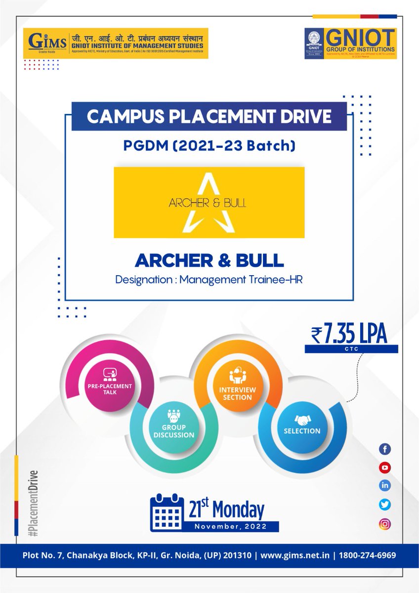 GNIOTCollege's tweet photo. PGDM (Batch 21-23) students of GNIOT Institute of Management Studies (GIMS), Greater Noida, are appearing in Final Placement Drive of Archer &amp; Bull on 21st November 2022.

Visit our Website: https://t.co/1UznvJ7WDG

#GIMS #GNIOT #GreaterNoida #FinalPlacementDrive #ArcheAndBull https://t.co/Ks6G9LXY0N