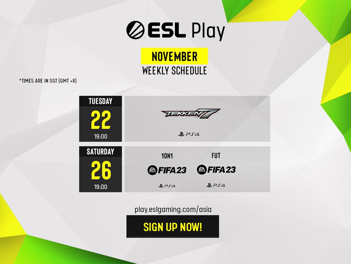 It’s FIFA season! ⚽✨ Join in the fun by participating in the #ESLPlay FIFA 2023 tournaments this Saturday! Sign up or see the full details 👉 play.eslgaming.com/asia