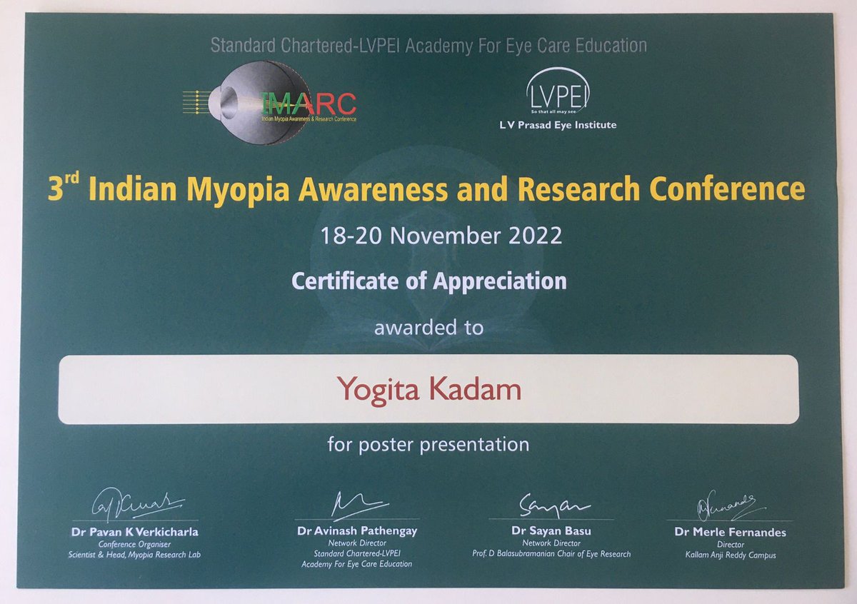 Congratulations to Yogita Kadam, Research Associate of IHOPE for winning the best poster award at the IMARC conference.

#myopia 
@IHOPENarayanan
 
@antonvipin
 #optometry #lvpei #ihope #poster #optometry #visionscience #eyecare #myopiaprevention