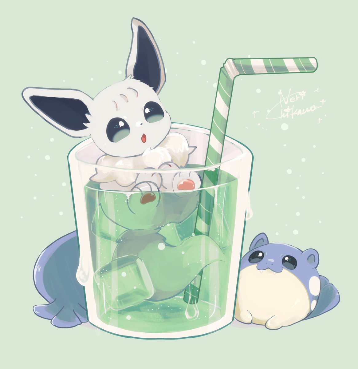 pokemon (creature) no humans drinking straw ice signature ice cube cup  illustration images