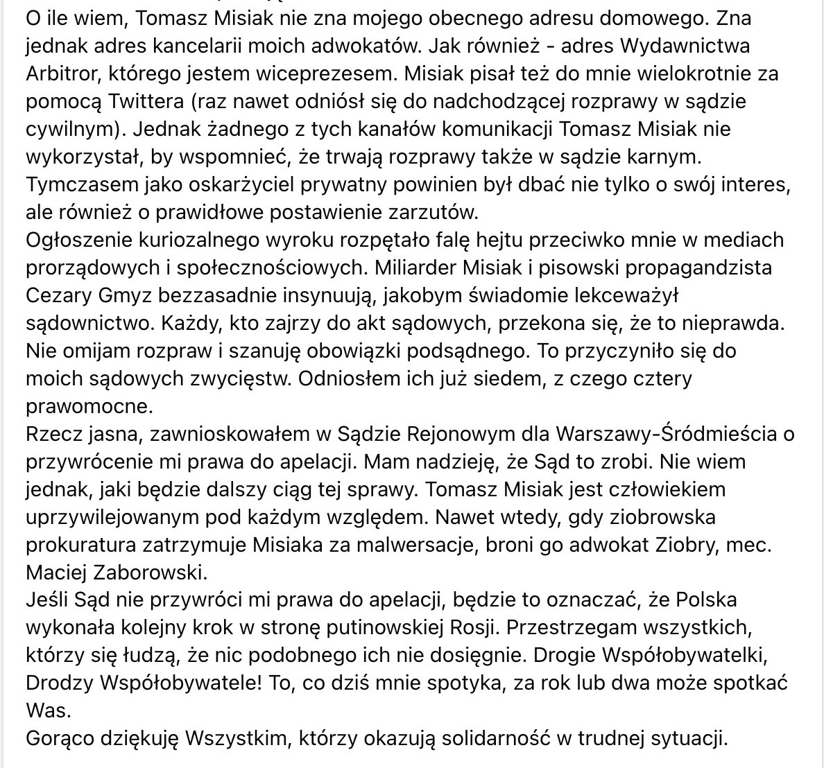 Tomasz5ek's tweet photo. Co może miliarder @TomaszMisiak powiązany z Rosją i zaprzyjaźniony z @MorawieckiM ?
Może doprowadzić do skazania dziennikarza na 8 miesięcy zamiatania ulic. W procesie bez udziału i wiedzy podsądnego, bez obrony i apelacji.
Dziękuję każdemu, kto przeczyta oświadczenie i zrobi RT! https://t.co/fKpX8pG3CJ