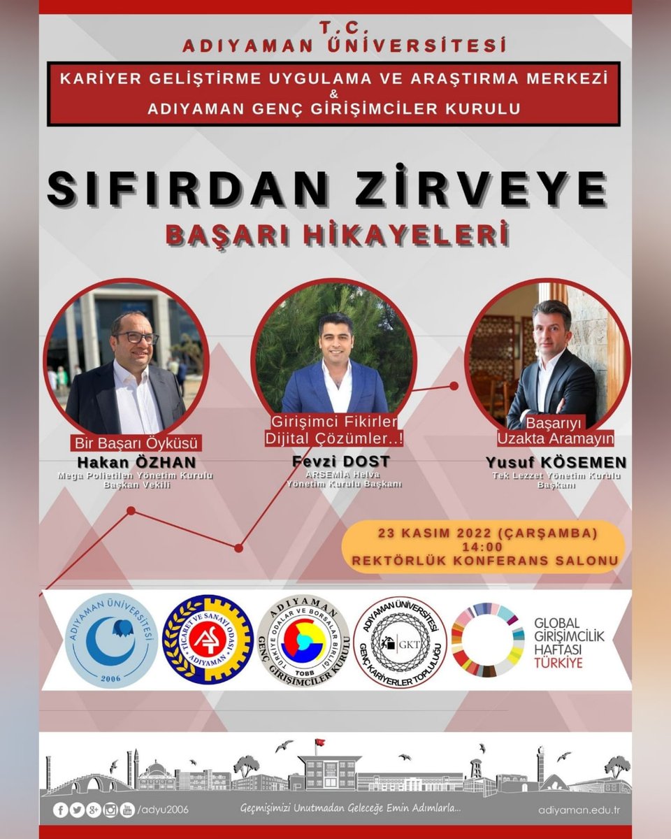 Öğrencilerimizin kariyer yaşantılarına ışık olacak üç kıymetli iş insanı ile "Sıfırdan Zirveye Başarı Hikayeleri" zirvesi bu hafta başlıyor. Hepinizi bekliyoruz...
📍 Rektörlük Konferans Salonu
📍23.11.2022
📍14.00