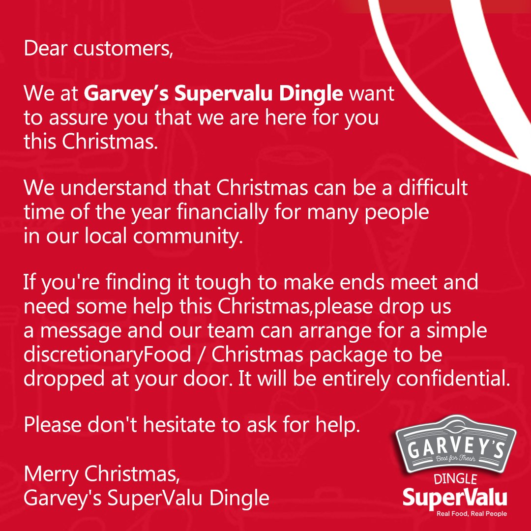 GarveySVDingle's tweet image. Dear customers,
We at Garvey's Supervalu Dingle want to assure you that we are here for you this Christmas. 🤗🎄