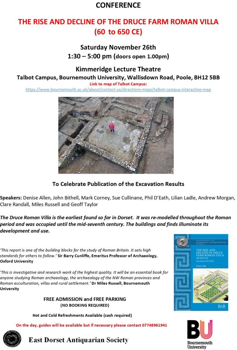 ⚠️🚨 Free half day conference alert 🚨⚠️ A reminder on #MosaicMonday that the East Dorset Antiquarian conference: THE RISE AND DECLINE OF THE DRUCE FARM #ROMAN VILLA (60-650 AD) @BAR_Publishing is this Saturday Nov 26th @bournemouthuni 1–5pm 👇👇