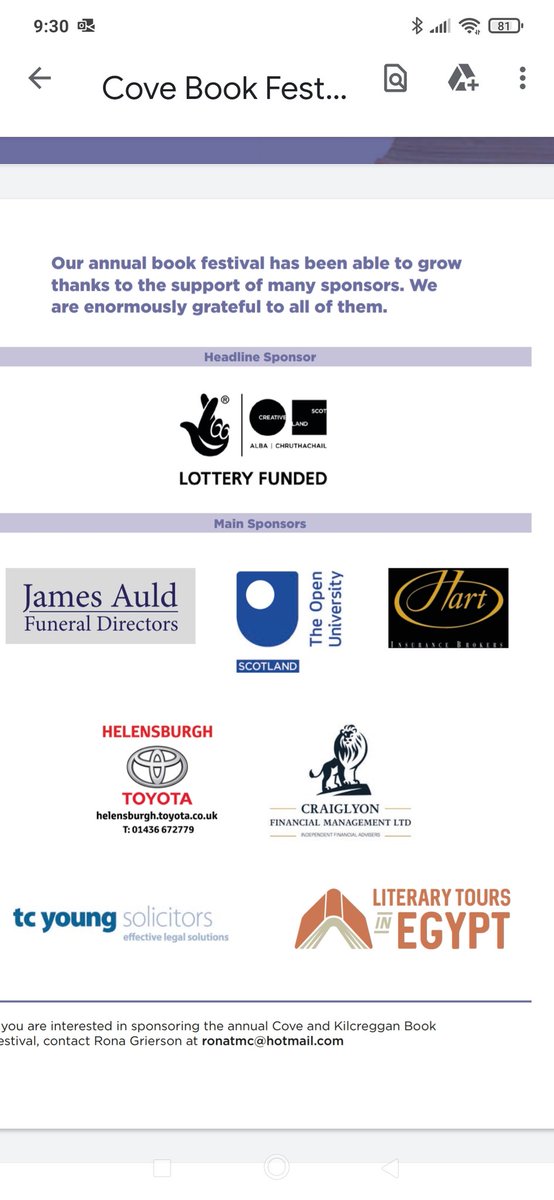 CBHBookFest (@cbhbookfest) on Twitter photo Huge thanks to all our fabulous sponsors without who our book festival wouldn't be possible. <a href="/CreativeScots/">Creative Scotland</a> <a href="/littleaidenjim/">Jim Auld</a> James Auld Funeral Directors <a href="/ouscotland/">OU in Scotland</a> The Open University Scotland <a href="/HartInsuranceUK/">Hart Insurance</a> <a href="/HBurghToyota/">Helensburgh Toyota</a> @Craiglyonfinancial <a href="/TCYoungLLP/">TCYoung</a> <a href="/literarytourseg/">Literary Tours In Egypt</a> Huge thanks to all our fabulous sponsors without who our book festival wouldn't be possible. <a href="/CreativeScots/">Creative Scotland</a> <a href="/littleaidenjim/">Jim Auld</a> James Auld Funeral Directors <a href="/ouscotland/">OU in Scotland</a> The Open University Scotland <a href="/HartInsuranceUK/">Hart Insurance</a> <a href="/HBurghToyota/">Helensburgh Toyota</a> @Craiglyonfinancial <a href="/TCYoungLLP/">TCYoung</a> <a href="/literarytourseg/">Literary Tours In Egypt</a>