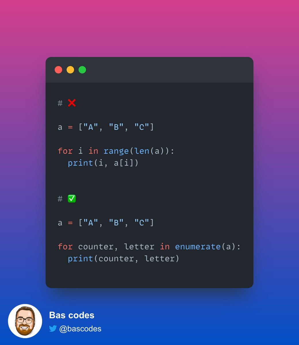 8⃣ 𝚎𝚗𝚞𝚖𝚎𝚛𝚊𝚝𝚎

Whenever you need to not only access each element by a list but also need a counter in your loop, you can use 𝚎𝚗𝚞𝚖𝚎𝚛𝚊𝚝𝚎