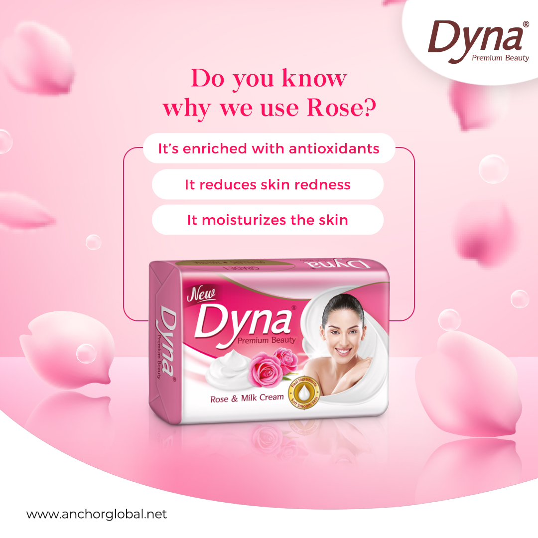 The two natural ingredients, rose and milk cream, give your skin a refreshing and long-lasting glow. Get Dyna premium beauty soaps to cheer up your skin with real ingredients. #DynaPremiumBeauty #DynaCare #beauty #freshlook #RoseAndMilk #glowingskin #DynaFacts #SkinFacts