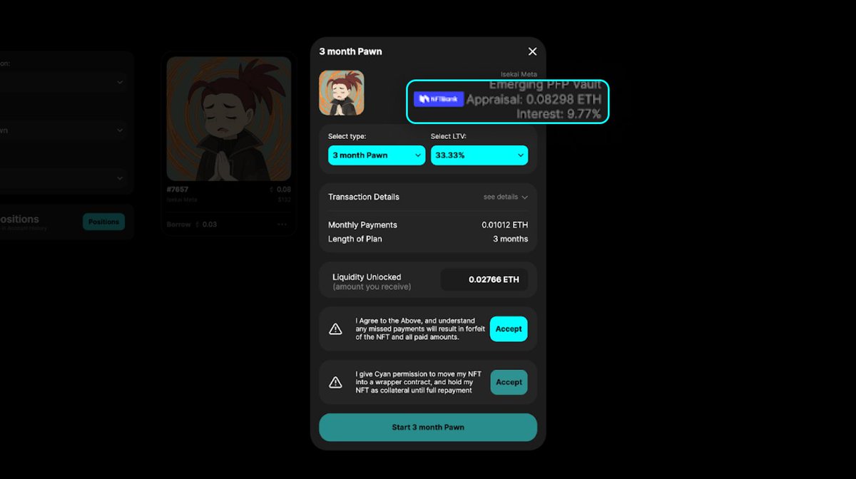 NFTbank_ai's tweet photo. While having its own appraisal system, @usecyan also integrates @NFTbank_ai's Estimated Price API. 

The NFTBank valuation model captures all of the necessary traits that factor in the price, allowing users to potentially borrow more than just at a floor price through Pawn. https://t.co/XmD9mjn4Py
