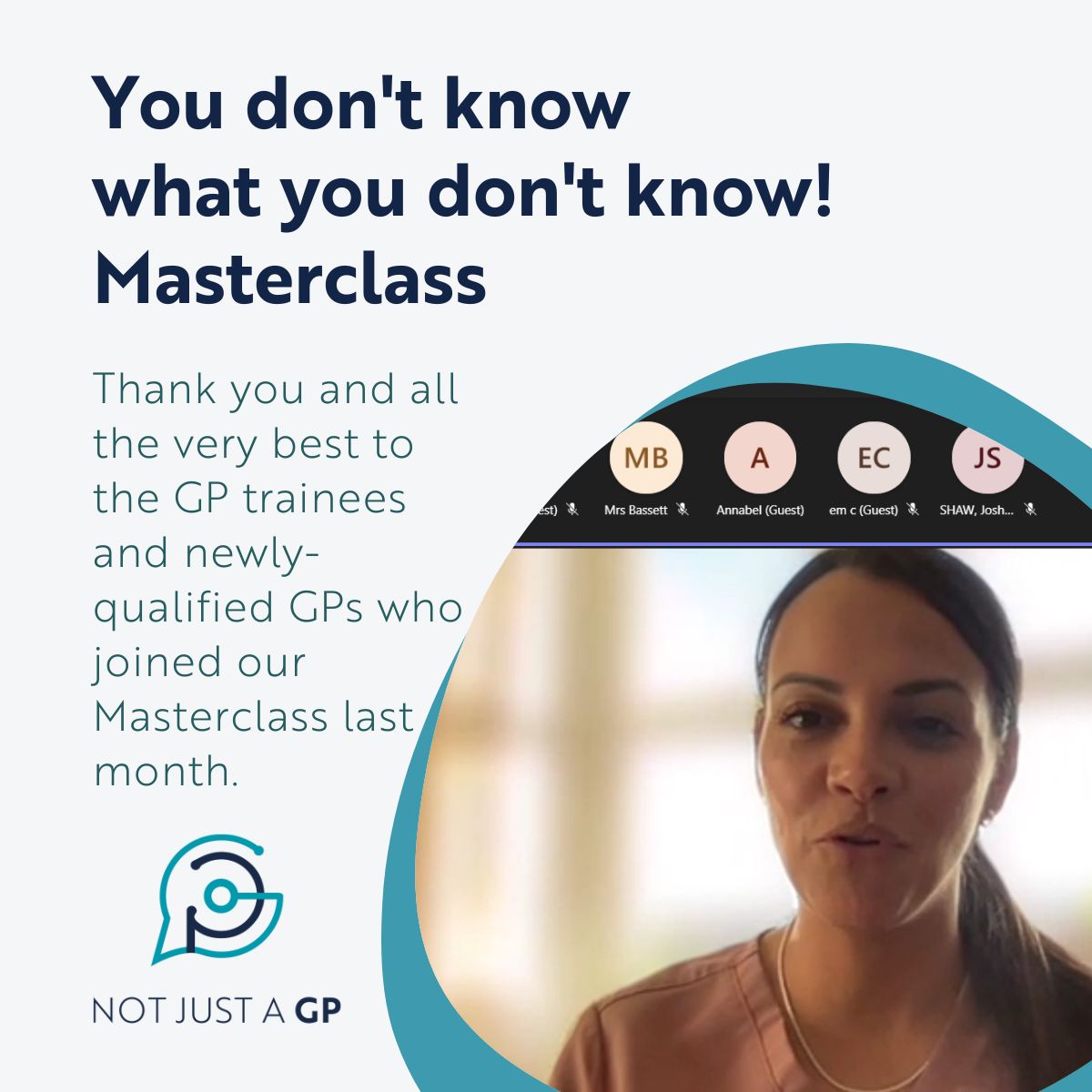 NJA_GP's tweet photo. 'You don't know What You Don’t Know Masterclass' hosted by Dr Victoria Hoyle, a GP partner and PCN clinical director.

For more information visit https://t.co/UBKUp66CKw. 

#GPtraining #GPtrainee #notjustagp #primarycare #primarycarenetwork #generalpractice https://t.co/sC3bpTCsRR